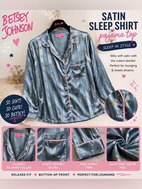 Free People Intimately Satin Pajama Top Blue Floral Pink Button Up Sleep Shirt M